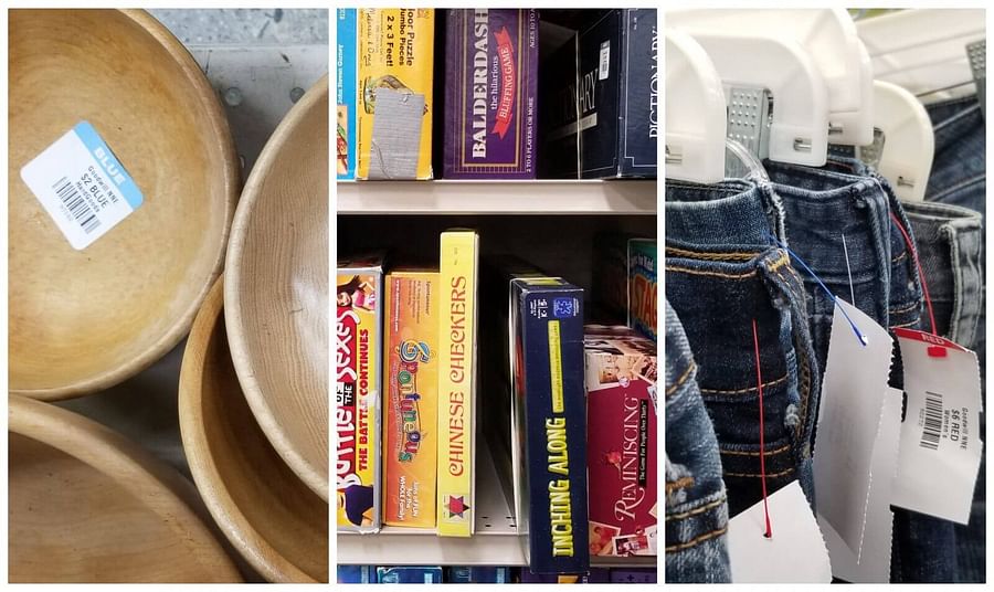 Assortment of items displayed on shelves at Goodwill store